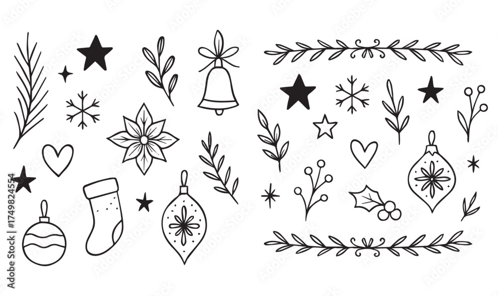"Christmas Line Art Pack – Black & White Holiday Vector for Cards ...