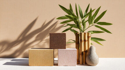 Wall Mural - Decorative arrangement of textured blocks in earthy tones, alongside bamboo and a smooth stone, creating a serene and modern aesthetic with natural elements