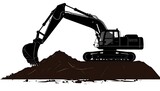 A black illustration shows a heavy construction vehicle excavating earth. The machine's boom is positioned over a pile of soil