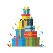 © WITRIAMRITA - A tall stack of colorful wrapped gift boxes with ribbons and bows.