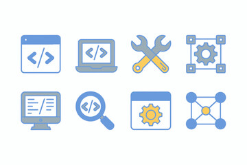Collection of Modern Web Development Icons Representing Coding Configuration and Design Process for Digital Platforms and Applications