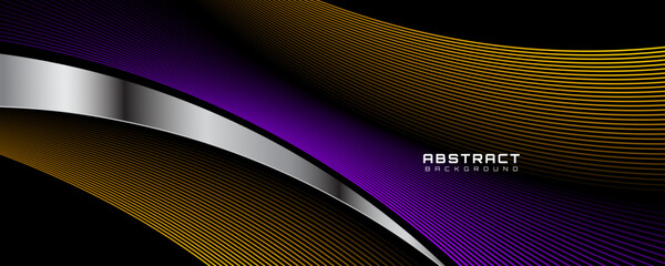 Wall Mural - Modern abstract background with purple and yellow curved lines on dark surface, elegant silver wave pattern design for banner, poster, presentation, corporate web header, and digital backdrop