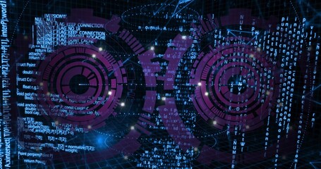 Wall Mural - Displaying two concentric purple HUDs floating over neon grid in cyberspace, with cascading code