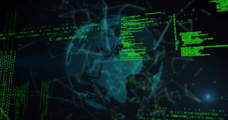 Wall Mural - Displaying holographic dotted globe rotating in 3D network interface, with green code streams