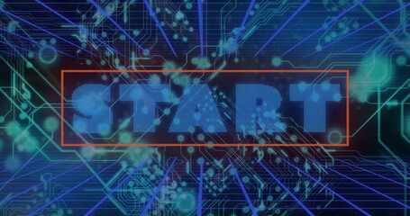 Wall Mural - Displaying pixelated blue START letters floating in red frame on navy grid, with neon circuit lines