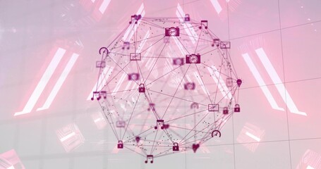 Wall Mural - Floating sphere showing nodes in data space, with padlock, musical note, envelope, camera icons