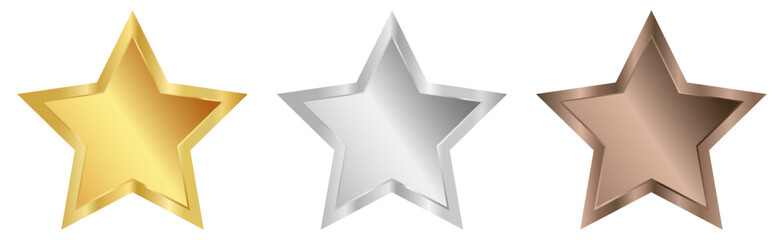 Wall Mural -  Gold, silver and bronze stars isolated on transparent background. 3d star vector icon