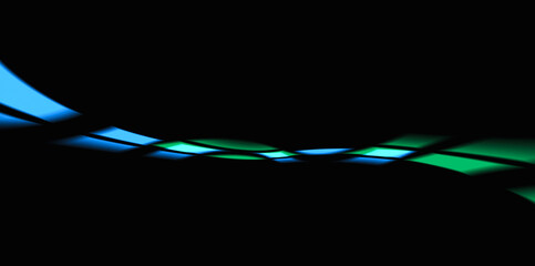Wall Mural - Neon blue and green light rays wave on black background. Modern wave backdrop