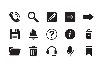 Set of essential user interface icons, including phone, search, arrow, save, bell, question, info, and more for web and app design