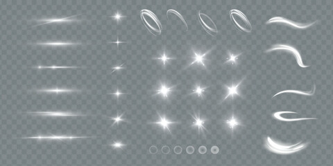 Wall Mural - Light effects.Wind glare, explosions, shine, dust, lines, solar flares, sparks, sequins, stars, curved curls. Glow special effect of light