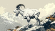 © El - Mountain goat standing on rocks with snowy peaks