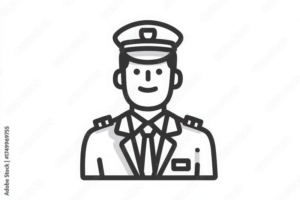 A smiling pilot dressed in formal attire, including a hat, stands confidently with a welcoming expression. The scene conveys professionalism and readiness for a flight.