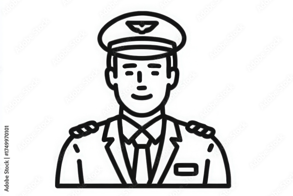 A pilot is dressed in a formal uniform featuring a cap and epaulettes. He has a confident expression, symbolizing preparedness for the upcoming flight. The focus is on professionalism.