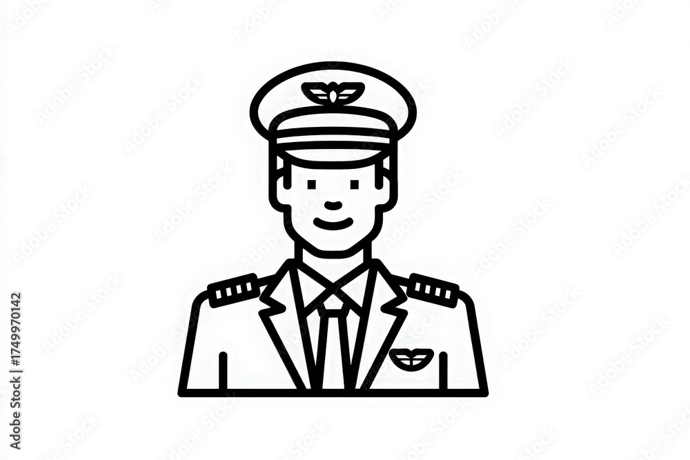 A smiling pilot wearing a uniform and hat stands confidently, showcasing a neat appearance. The design features clear lines and minimal details, focusing on the pilots friendly demeanor.