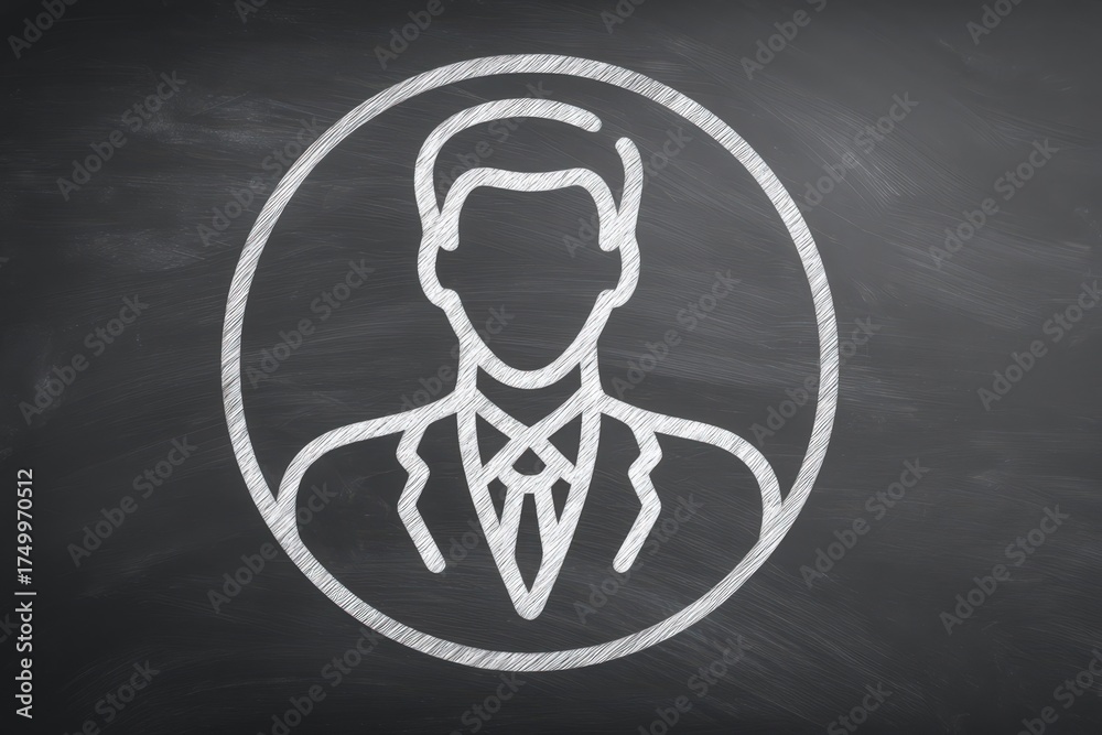 A simple chalk drawing depicts a business professional in a suit and tie, featured prominently on a blackboard. The style is minimalistic, focusing on outline and silhouette.