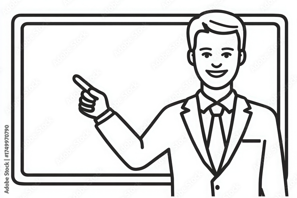 A man in a suit stands confidently while pointing to a digital board in a modern classroom. He is discussing concepts with an attentive audience, promoting learning during the session.