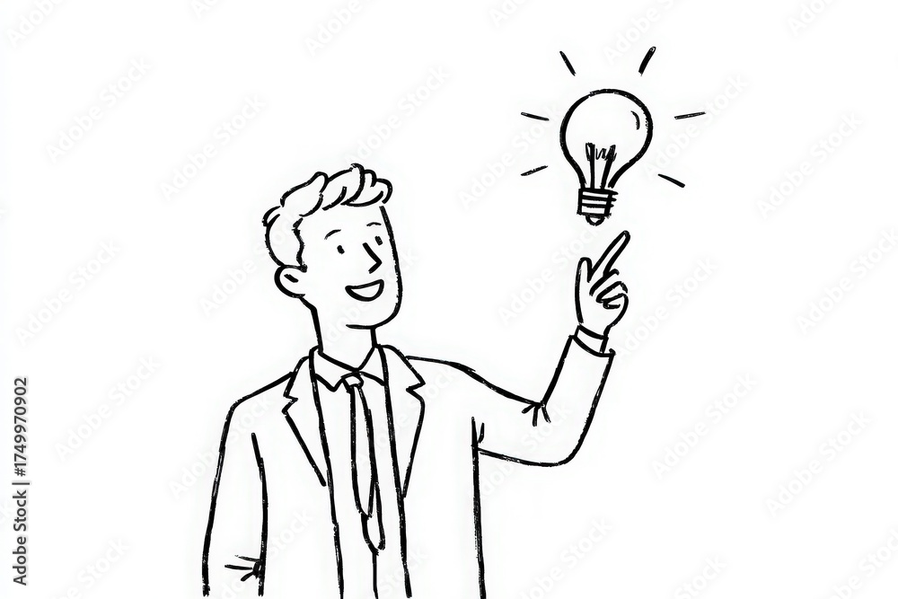 A man dressed in a suit smiles while pointing at a glowing light bulb above him. This moment captures a burst of inspiration or a new idea.