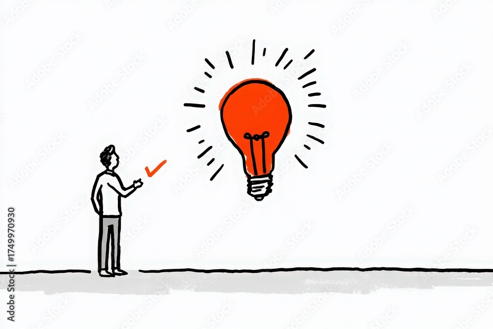 A person stands with a raised hand, looking at a large red light bulb glowing above. This scene represents inspiration and creativity in a simple and imaginative manner.