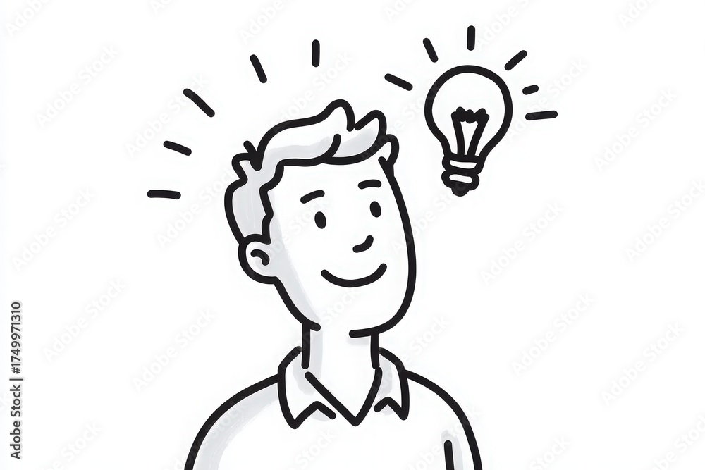 A person with a cheerful expression stands, gazing upward. Above their head, a light bulb symbolizes a bright idea or an inspiration. The scene captures a moment of creativity and innovation.