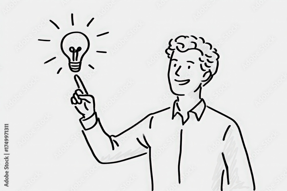 A young man stands with a friendly smile, pointing upwards as a bright light bulb shines above his finger. This scene symbolizes creativity and inspiration, captured in a simple, illustrative style.