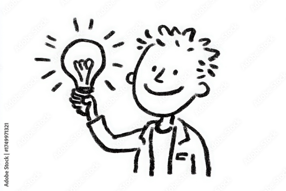 A cheerful person with spiky hair holds a glowing light bulb, symbolizing ideas and creativity. The simple and playful drawing captures a moment of inspiration and innovation.