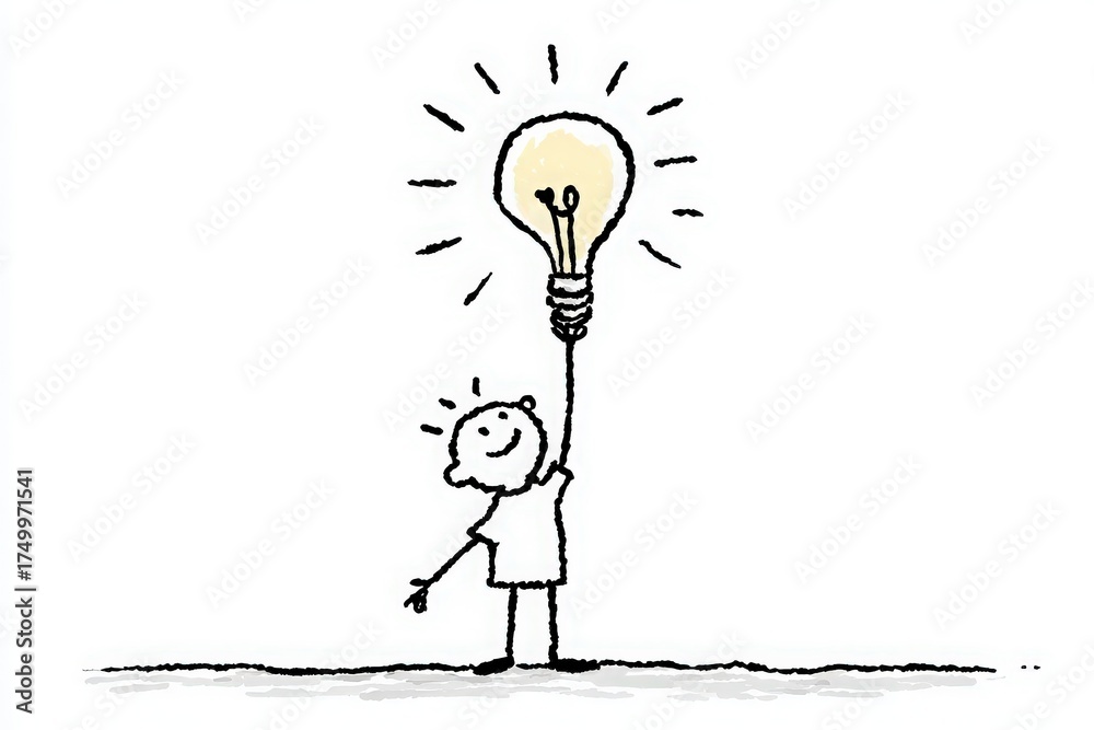 A child with a joyful expression holds a bright light bulb high above their head. The drawing conveys a sense of creativity and inspiration, with simple, bold lines.