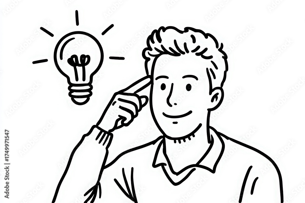A young man with short hair is smiling while touching his head. A light bulb is glowing above him, symbolizing a bright idea. The drawing is in a simple, black and white style.