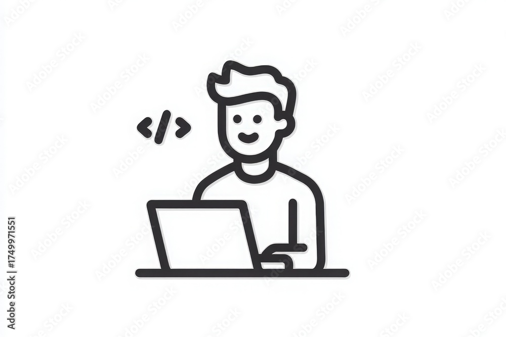 A young programmer sits at a desk with a laptop, smiling while working on code. The workspace is clean and minimalist, creating a productive environment for programming and creativity.