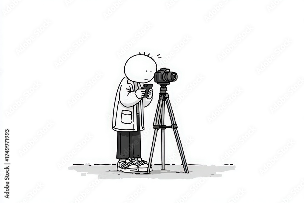 A stick-figure character stands on a flat surface, adjusting a camera on a tripod. The character wears a lab coat and shows concentration while preparing to capture an image.