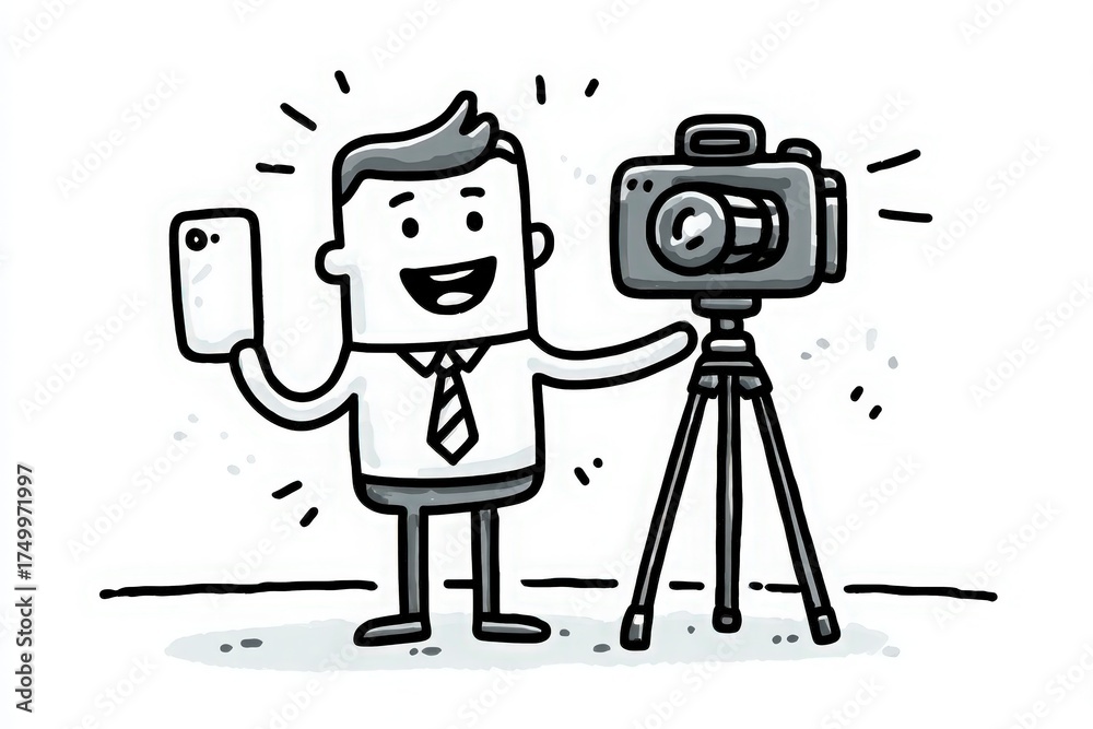 A person is happily posing for a selfie with a smartphone while standing next to a camera mounted on a tripod. The scene looks vibrant and lively, showcasing a cheerful mood.