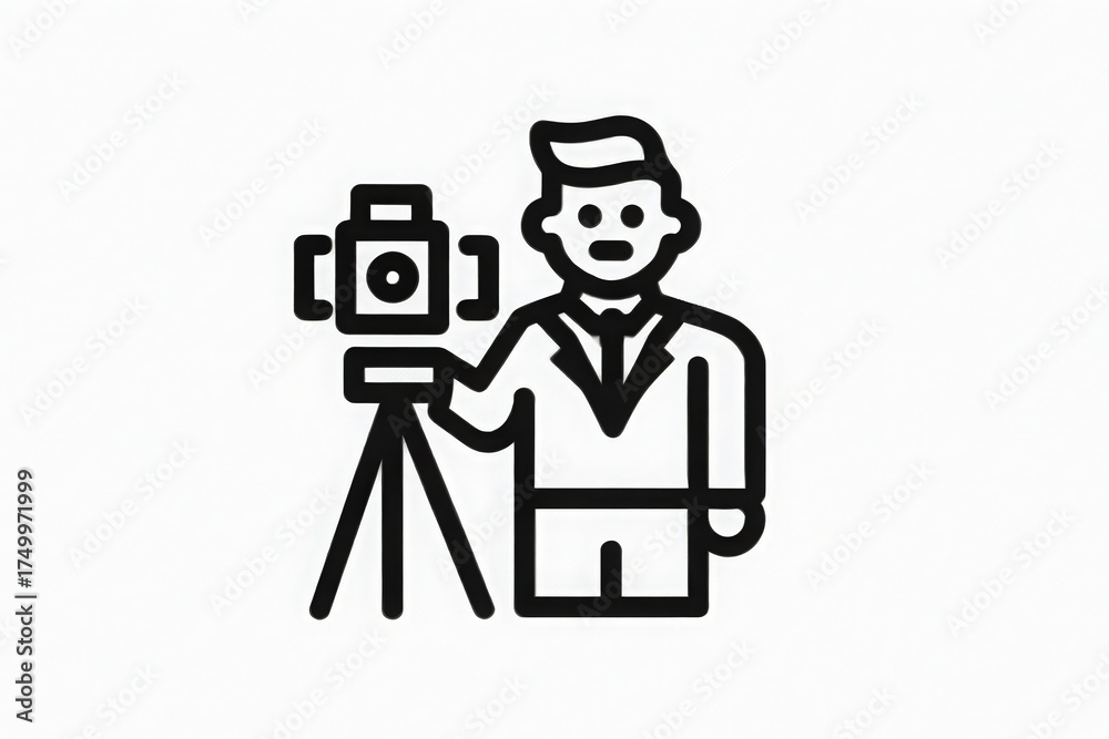 A photographer in a suit stands beside a classic camera mounted on a tripod. The scene reflects creativity and passion for capturing beautiful moments in a picturesque setting.