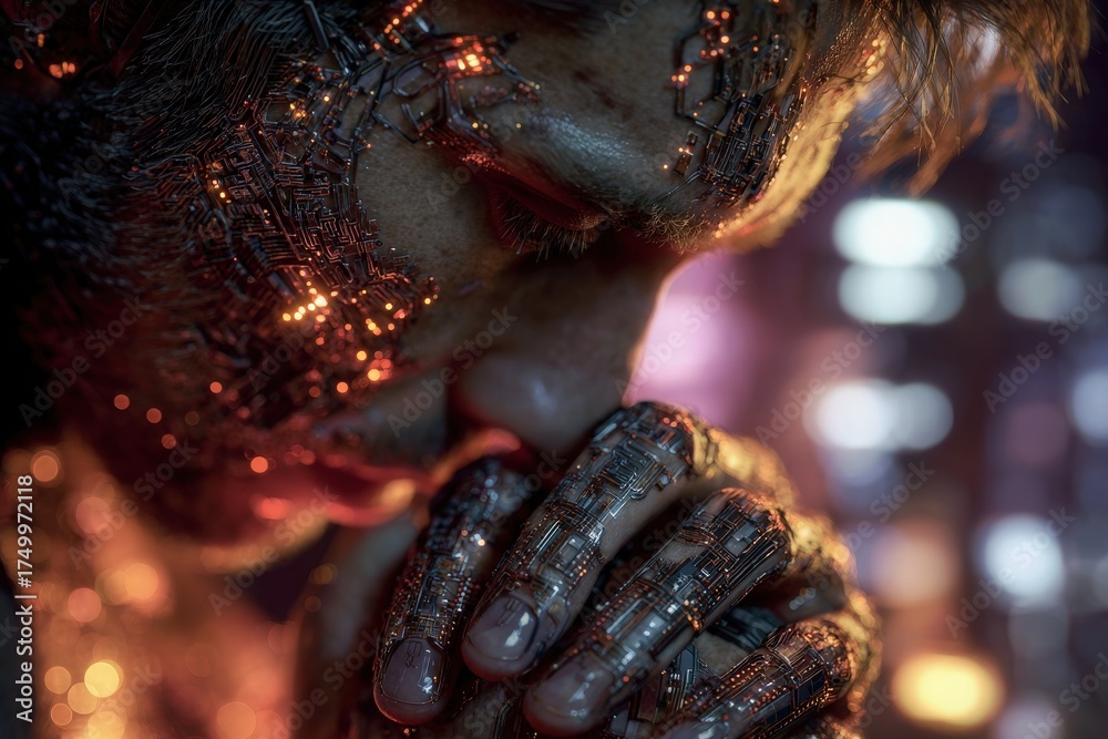 A human figure with intricate cybernetic features contemplates while surrounded by glowing circuitry. The setting is a dimly lit environment, suggesting a futuristic atmosphere.