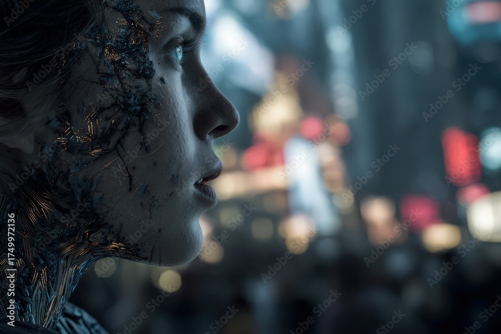 A humanoid with cybernetic enhancements is seen in profile against a colorful, bustling cityscape. The scene captures a blend of technology and humanity in a lively atmosphere.