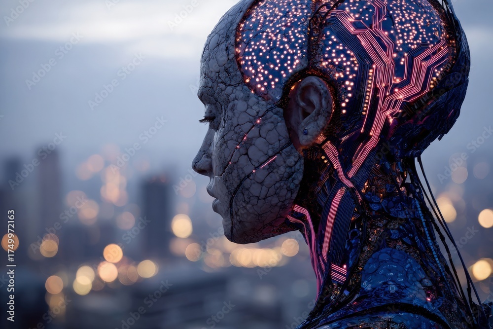 A detailed robot figure stands against an illuminated city skyline at dusk. The figure showcases intricate circuitry and glowing elements, highlighting advanced technology.