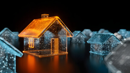 Wall Mural - Digital hologram of a house with glowing orange lines on dark background representing smart home technology and futuristic construction concept
