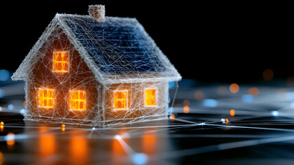 Wall Mural - Digital hologram of a house with glowing orange lines on dark background representing smart home technology and futuristic construction concept
