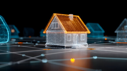Wall Mural - Digital hologram of a house with glowing orange lines on dark background representing smart home technology and futuristic construction concept
