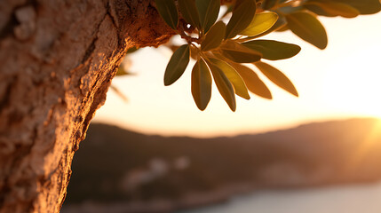 Close-up of a tree branch with sunlit leaves, blurred landscape in the background, creating a warm, serene atmosphere. Natural textures and golden light.