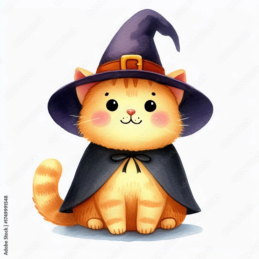 Cute orange cat dressed as a witch with a purple hat and black cape ...