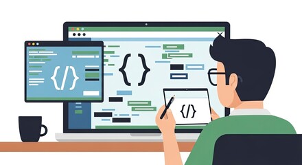 Developer coding on multiple screens and devices