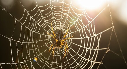Spider spinning its intricate web at sunrise glistening with dew