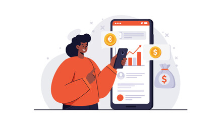 Woman using a finance app on her phone to track investments and manage money.