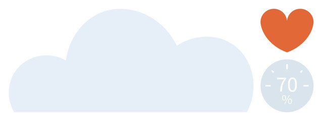 Wall Mural - Large pale blue cloud, orange heart symbol, and circular percentage gauge. Ideal for health monitoring, emotional well-being, weather analytics, cloud computing, data tracking, sustainability simple