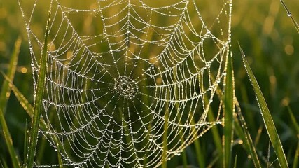 Spider web with morning dew drops close-up