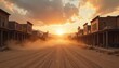 © Maryna - Deserted old western town street at sunrise. Dusty road with tire tracks leading towards golden sun between wooden buildings. Dramatic sky with clouds.