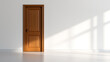 © A2Z AI  - An indoor shot captures a natural wood door standing against a white wall, bathed in the soft light streaming in through a window in an empty modern room.