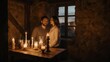 © Gra - A couple shares a romantic dinner by candlelight in a rustic room, window in background