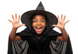© Aurora Aesthetics - Black Girl Witch Laughing Cauldron Action Magic Halloween Costume Child Isolated PNG on isolated transparent background