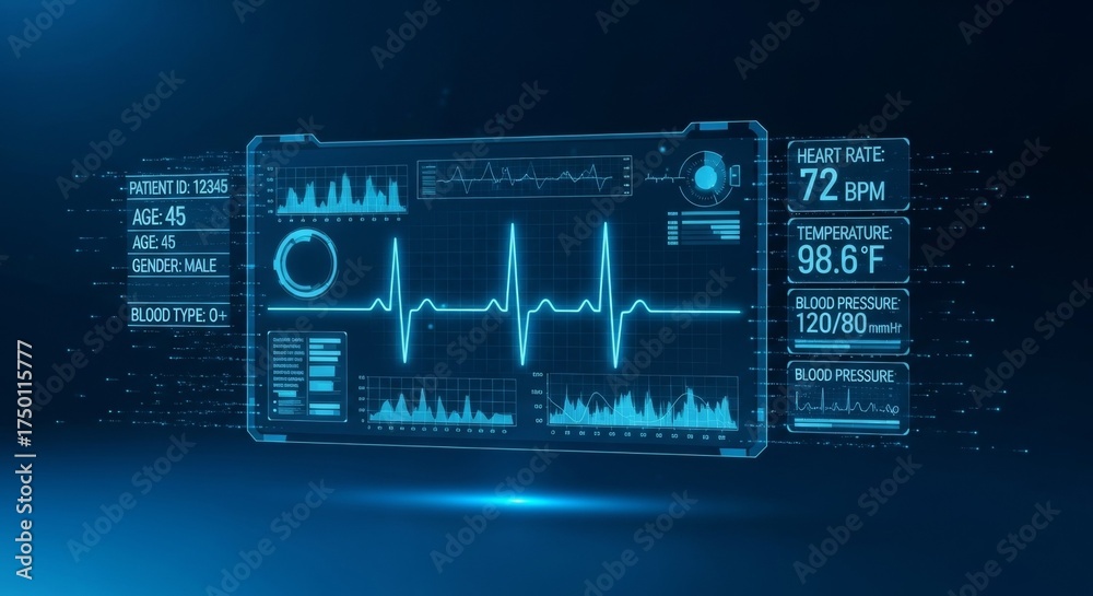 Futuristic digital health monitor displaying vital signs and data Stock ...