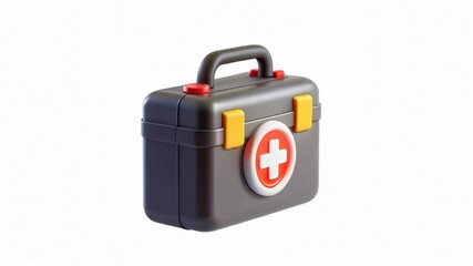 Three dimensional first aid kit icon showing a compact black medical toolbox with a red cross emblem and bright orange latches, a modern emergency supplies illustration for safety